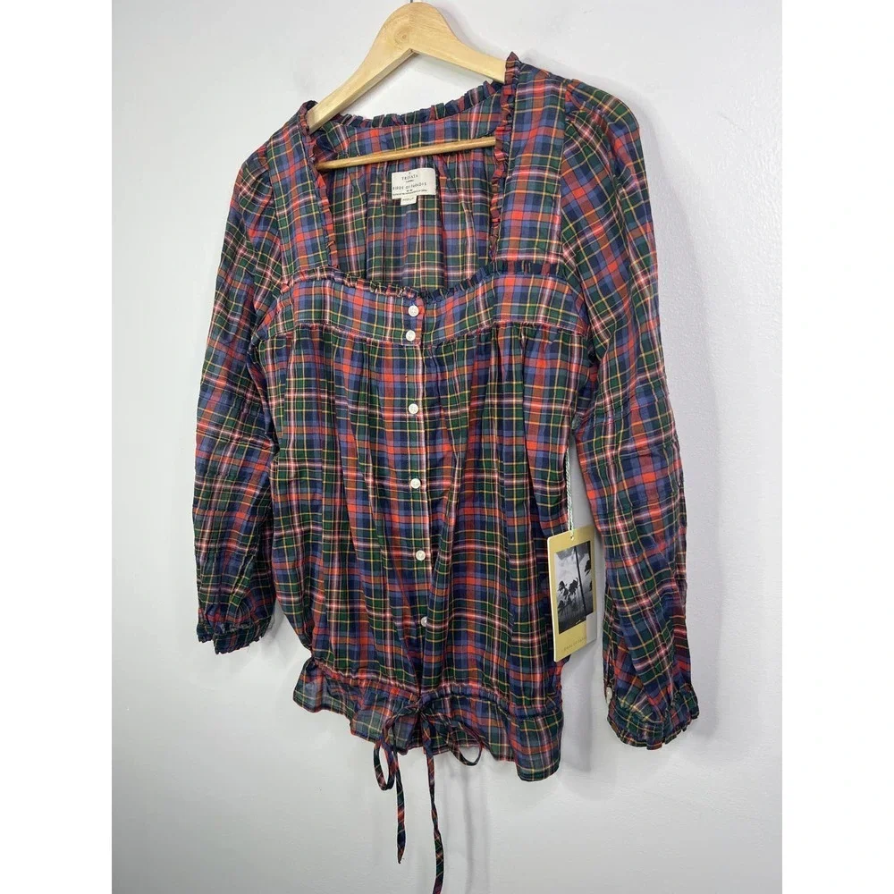 Birds of Paradis Trovata Eunice Square Neckline Ruffle Blouse Trail Plaid M NWT - Picture 3 of 11